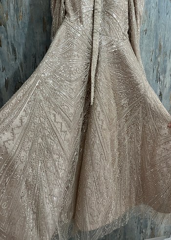 Bej Nakışlı Uzun Kollu Abiye - Görsel 4