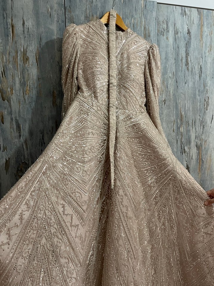 Bej Nakışlı Uzun Kollu Abiye - Görsel 3