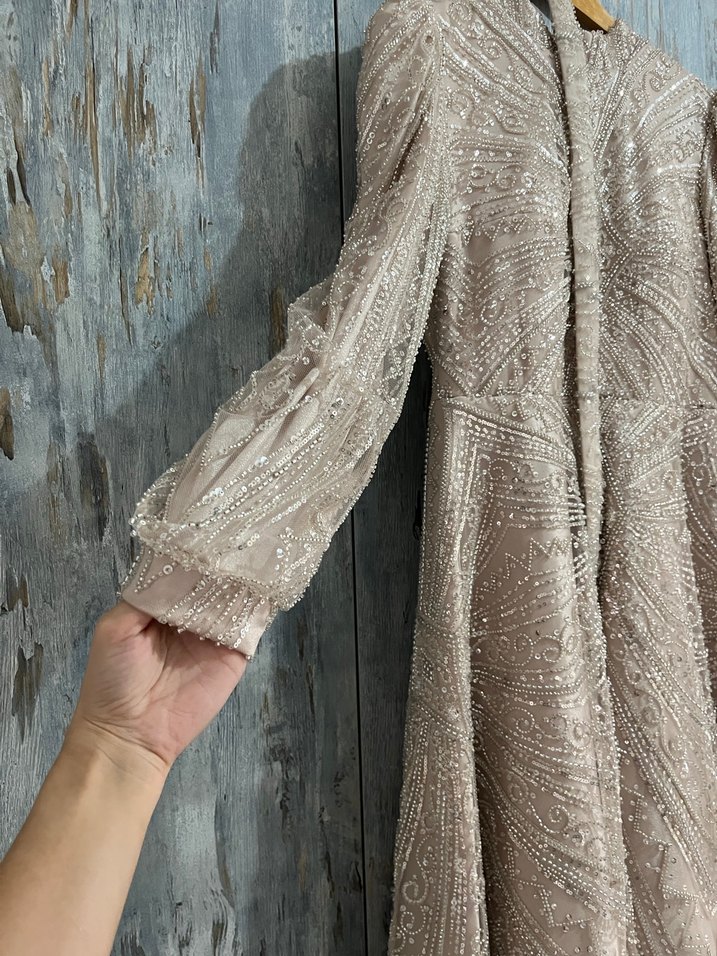 Bej Nakışlı Uzun Kollu Abiye - Görsel 5