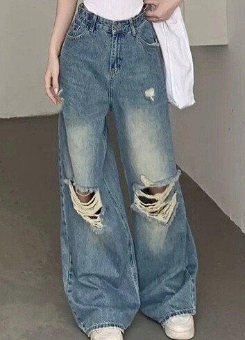 Açık Mavi Y2K Yırtık Detaylı Bol Paça Slit Jeans