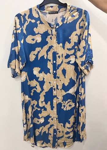 Düğmeli Mavi Batik Desenli Uzun Tunik