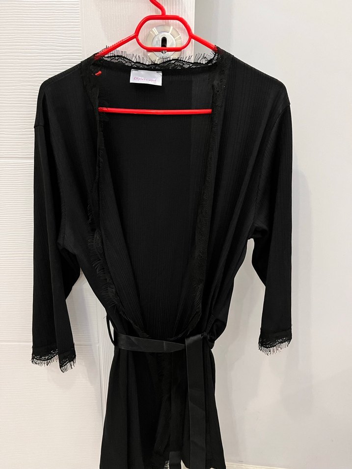 Siyah Midi Uzun Kollu Kadın Sabahlık - Görsel 5