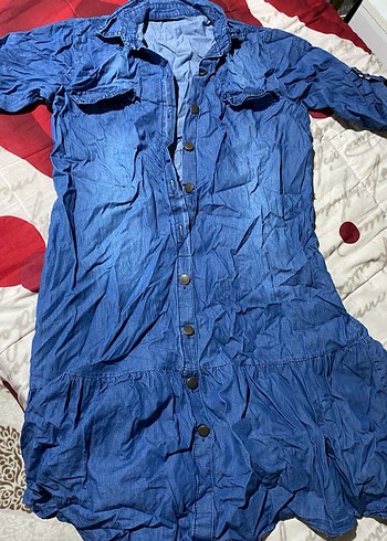 Düğmeli Mavi Denim Uzun Kadın Gömlek