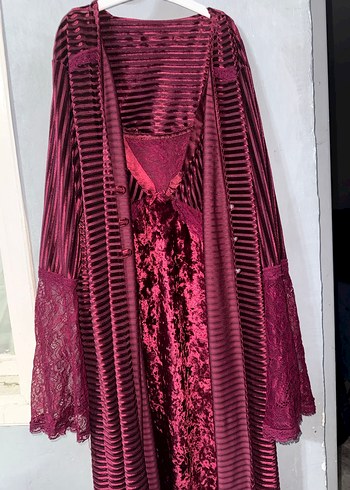 Bordo Uzun kadife gecelik Takımı - Görsel 2