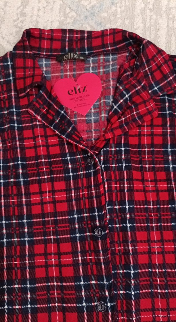 Kırmızı Ekose Desenli Düğmeli Kadın pijam - Görsel 4