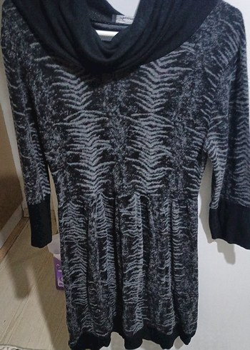 Gri Zebra Desenli Uzun Triko Elbise - Görsel 2