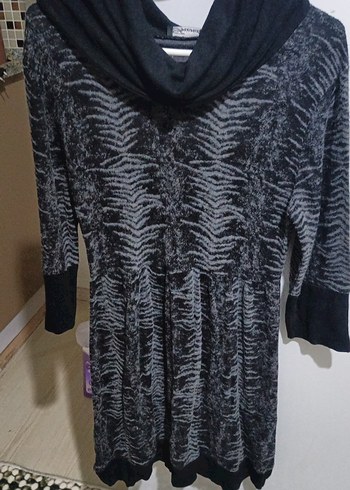 Gri Zebra Desenli Uzun Triko Elbise - Görsel 5