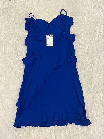 xs Beden H&M Saks Mavisi Fırfırlı Mini Elbise
