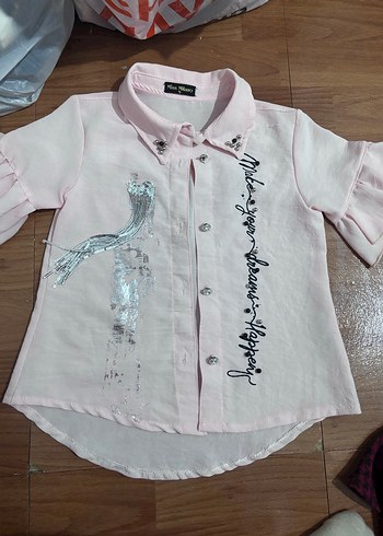 Kız Çocuk Pembe Kısa Kollu Keten Gömlek - Görsel 2