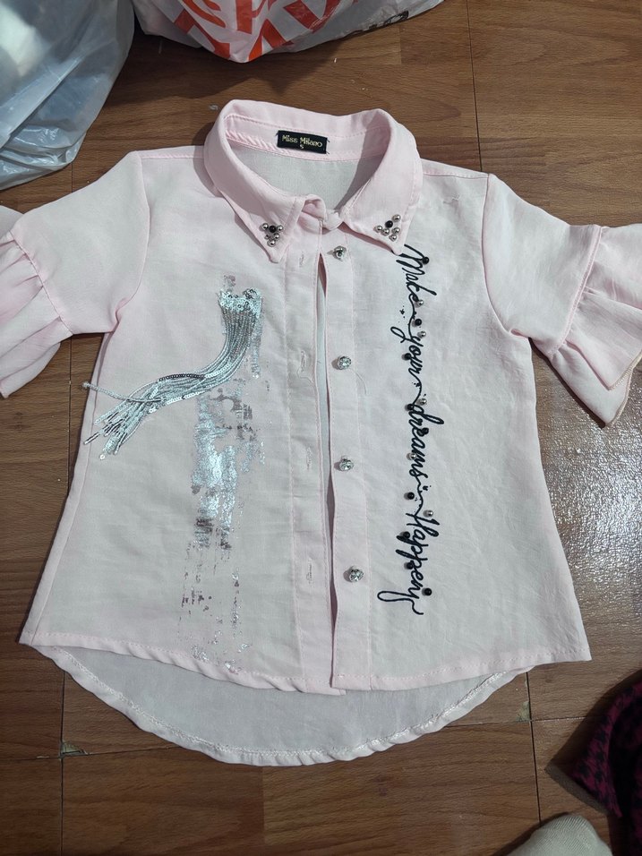 Kız Çocuk Pembe Kısa Kollu Keten Gömlek - Görsel 2