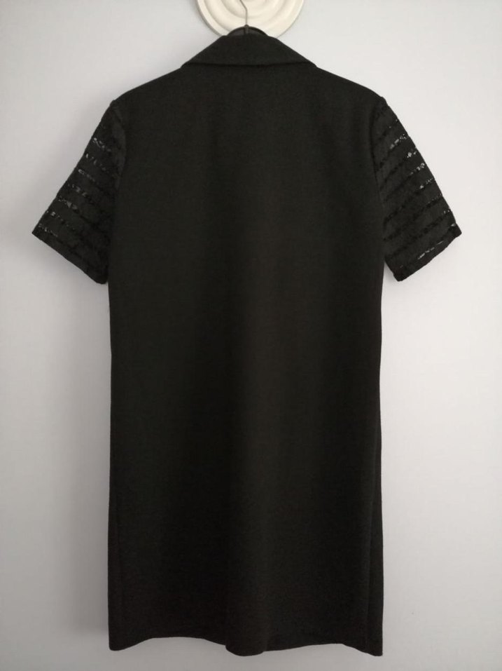 Kısa Kollu Siyah Dantelli Diz Ustu Kadın Elbise - Görsel 4