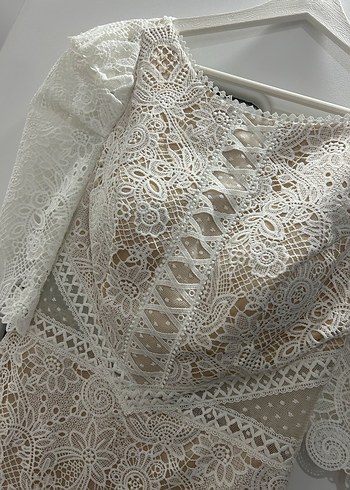 Dantel Detaylı Beyaz Midi Kalem Elbise Söz Nişan - Görsel 7