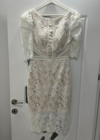 Dantel Detaylı Beyaz Midi Kalem Elbise Söz Nişan - Görsel 6