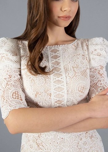 Dantel Detaylı Beyaz Midi Kalem Elbise Söz Nişan - Görsel 3