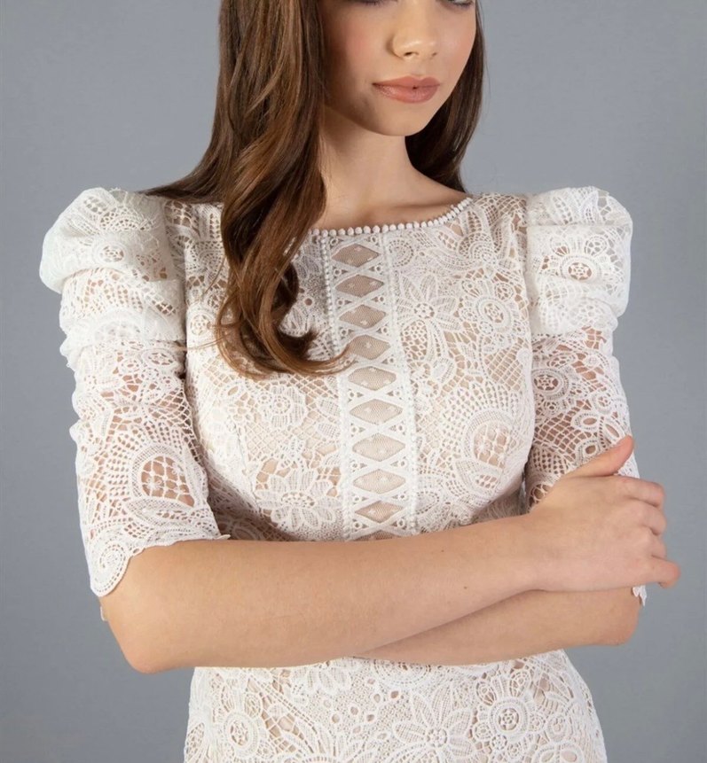 Dantel Detaylı Beyaz Midi Kalem Elbise Söz Nişan - Görsel 3