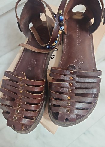 Kahverengi Deri Kadın Sandalet - Görsel 6