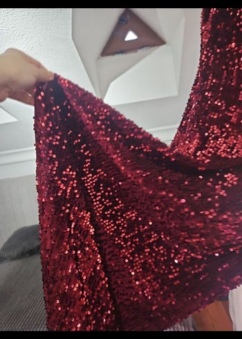 Parlak Bordo uzun Abiye parti  Elbise - Görsel 3