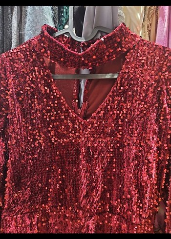 Parlak Bordo uzun Abiye parti  Elbise - Görsel 5