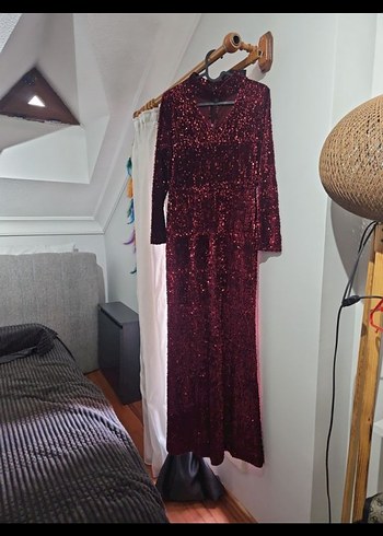 Parlak Bordo uzun Abiye parti  Elbise - Görsel 4