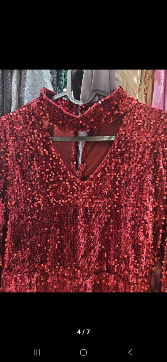 Parlak Bordo uzun Abiye parti  Elbise - Görsel 5