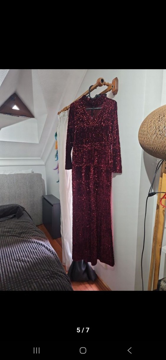 Parlak Bordo uzun Abiye parti  Elbise - Görsel 4