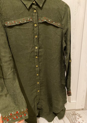 Nakışlı Haki Kadın Keten tunik - Görsel 2