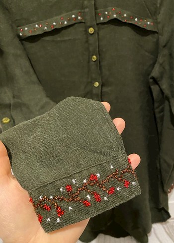 Nakışlı Haki Kadın Keten tunik - Görsel 4