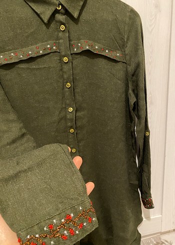 Nakışlı Haki Kadın Keten tunik - Görsel 3