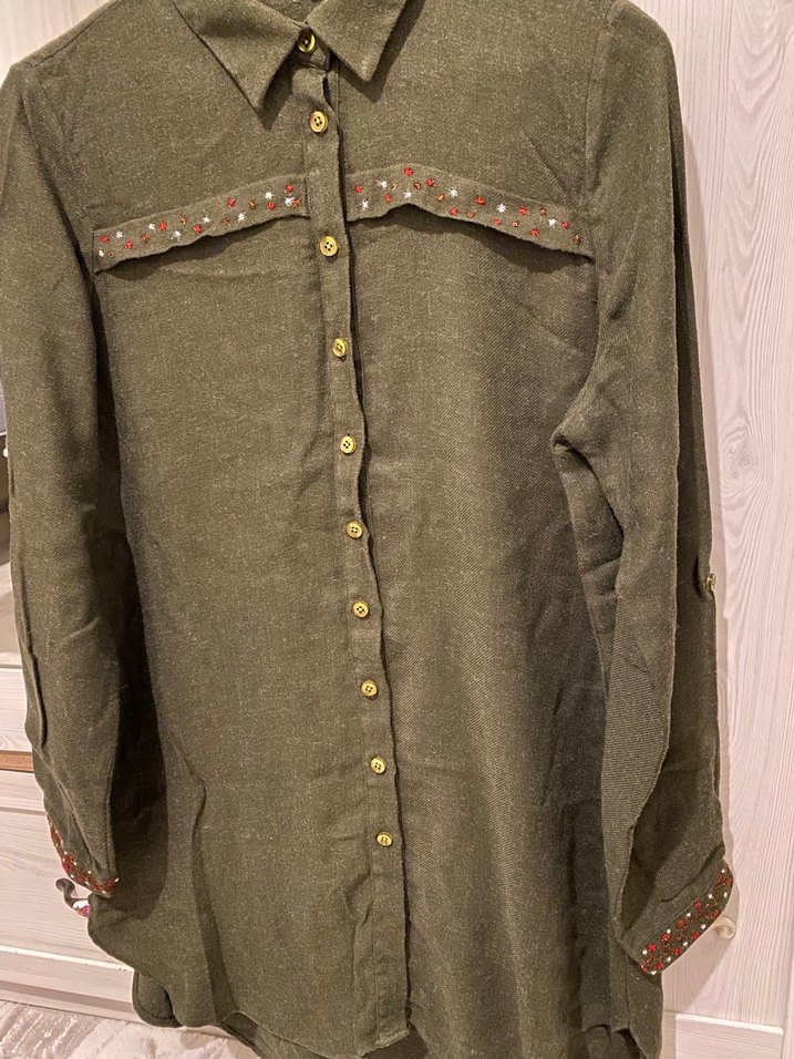 Nakışlı Haki Kadın Keten tunik - Görsel 5