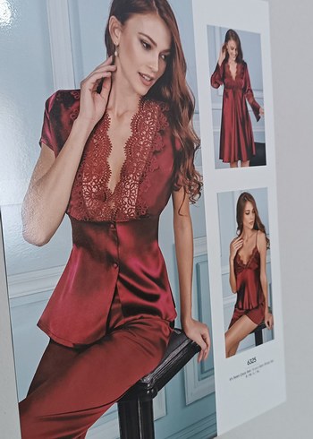 6 li saten Bordo Parlak Kısa Kollu İşlemeli Mini Pijama takımı