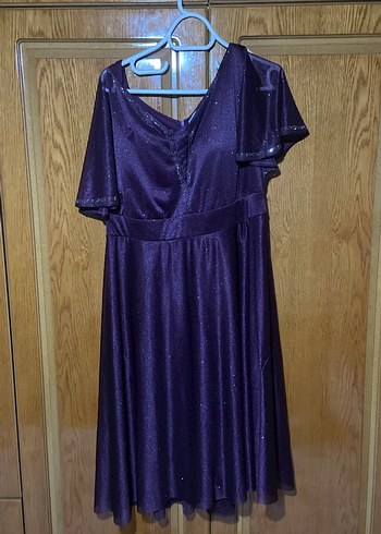 Mor Parlak Midi V Yaka Kadın Abiye Elbise - Görsel 2