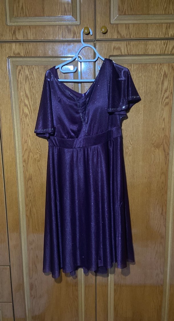 Mor Parlak Midi V Yaka Kadın Abiye Elbise - Görsel 2