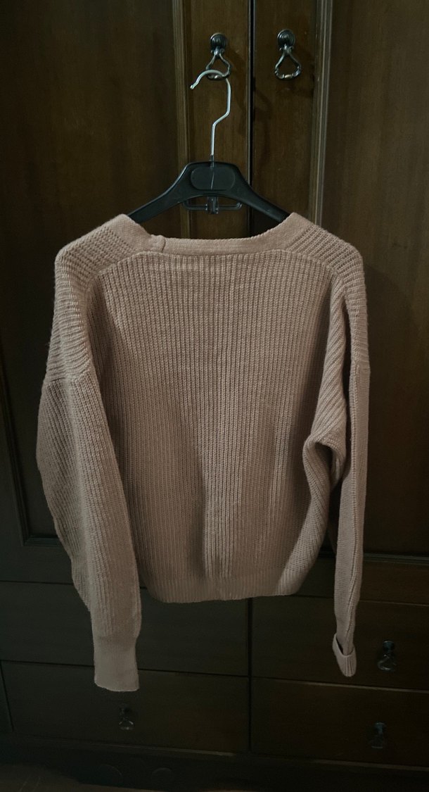 Bej Örgü Kadın Hırka V Yaka - Görsel 2