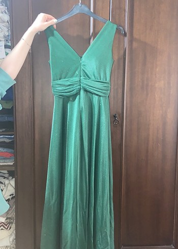 Parlak Yeşil V Yaka Uzun Kadın Abiye Elbise - Görsel 2