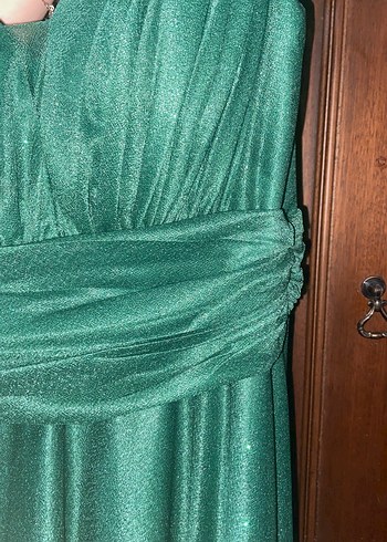 Parlak Yeşil V Yaka Uzun Kadın Abiye Elbise - Görsel 3