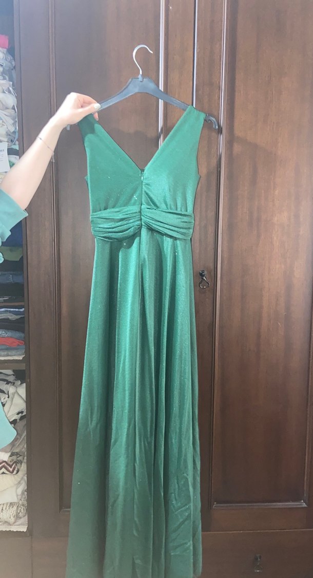 Parlak Yeşil V Yaka Uzun Kadın Abiye Elbise - Görsel 2