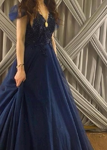 Lacivert İşlemeli Uzun Abiye Elbise Nişanlık - Görsel 2