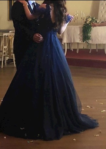 Lacivert İşlemeli Uzun Abiye Elbise Nişanlık - Görsel 3