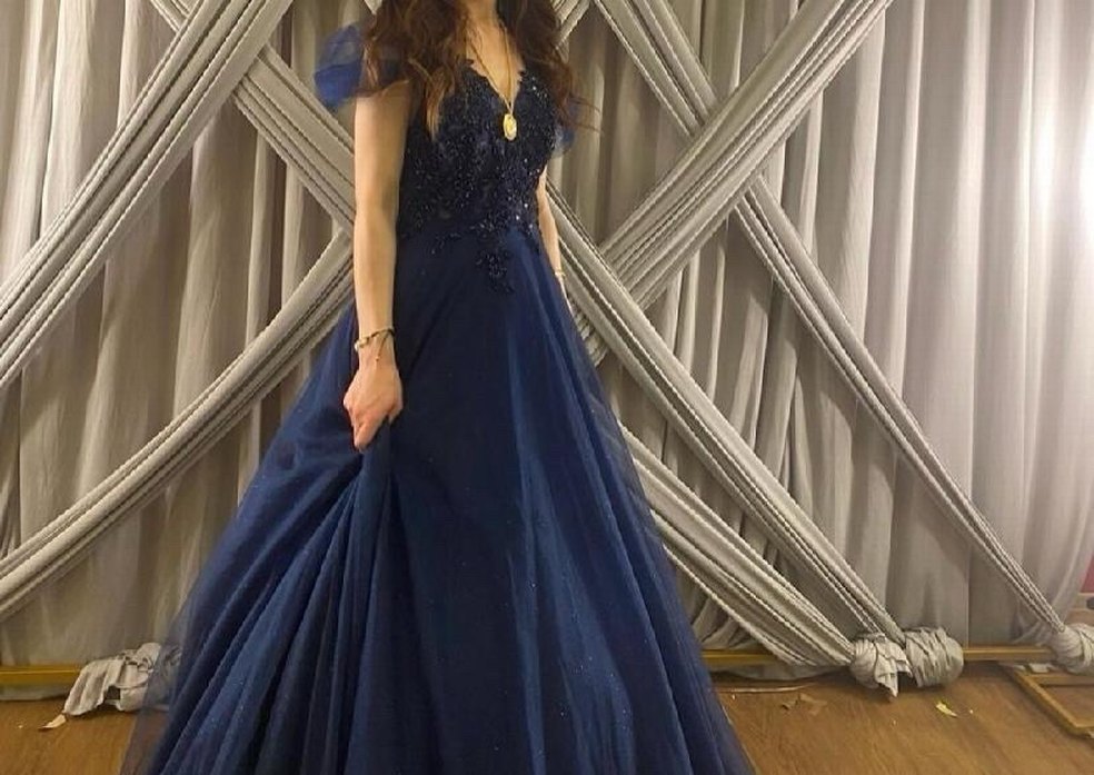 Lacivert İşlemeli Uzun Abiye Elbise Nişanlık - Görsel 2