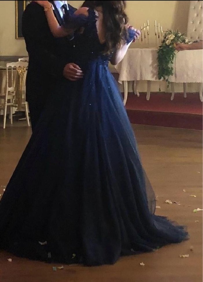 Lacivert İşlemeli Uzun Abiye Elbise Nişanlık - Görsel 3