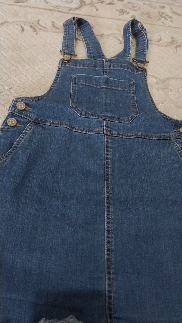 Düğmeli Mavi Denim Kadın Mini Salopet - Görsel 2