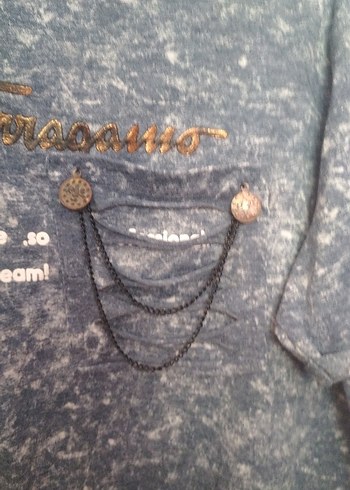 Gri Baskılı Kısa Kollu Denim Tişört - Görsel 2