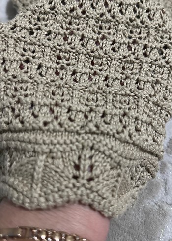 Bej Örgü V Yaka Mini Kadın Kazak - Görsel 7