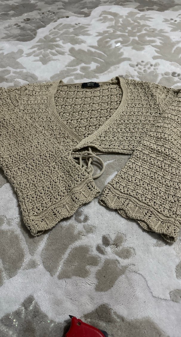 Bej Örgü V Yaka Mini Kadın Kazak - Görsel 5