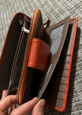 Turuncu Deri Fermuarlı Kahverengi Kadın Cüzdanı - Görsel 8