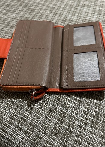 Turuncu Deri Fermuarlı Kahverengi Kadın Cüzdanı - Görsel 4