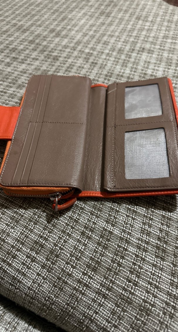 Turuncu Deri Fermuarlı Kahverengi Kadın Cüzdanı - Görsel 4