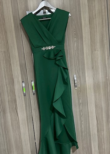 Drapeli Koyu Yeşil Uzun Abiye Elbise - Görsel 2