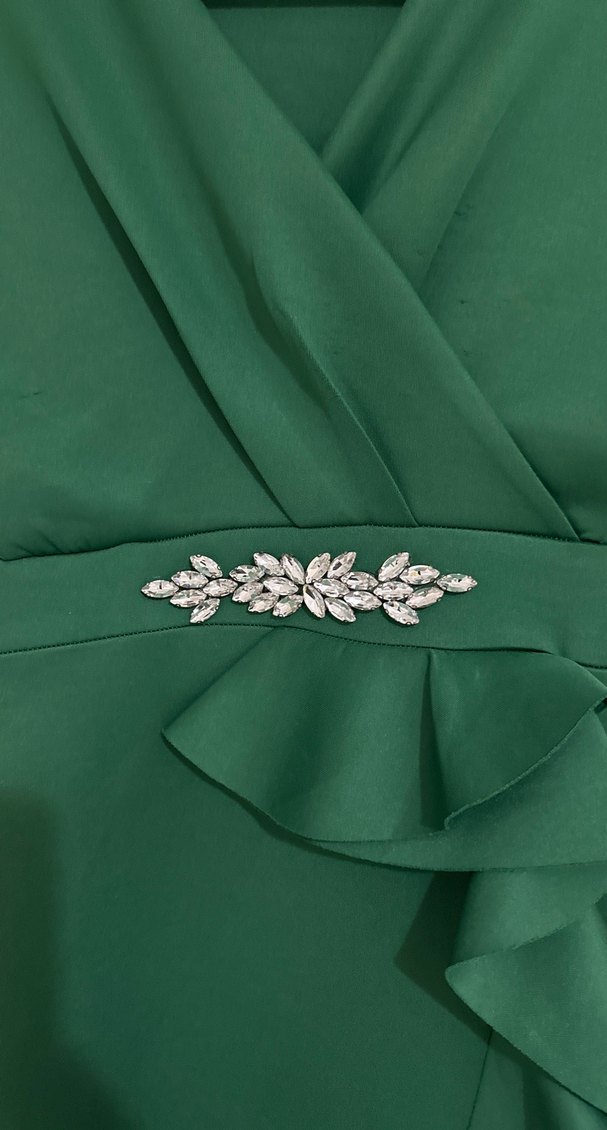 Drapeli Koyu Yeşil Uzun Abiye Elbise - Görsel 4