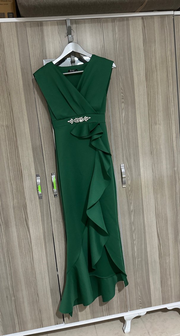 Drapeli Koyu Yeşil Uzun Abiye Elbise - Görsel 2